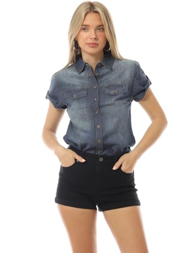 Design by Olivia Women's Cap Sleeve Button Down Denim Chambray Shirt4