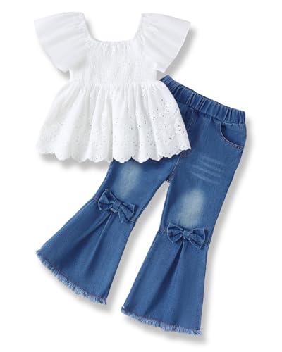 2T Girl Clothes Toddler Girl Clothes Summer 3T Girl Clothes White Square Neck Hollow Out Smocked Shirt Jeans Set Short Sleeve Top Denim Bell Bottom Pants Outfits Cute 2 3 Year Old Girl Clothes