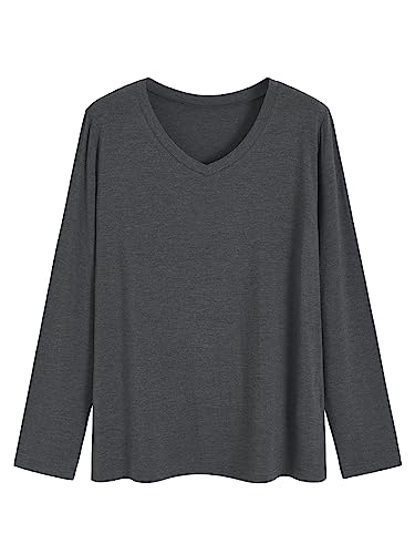 Latuza Women's Viscose Long Sleeve Sleep T-Shirt V Neck Pajama Top M Dark Gray