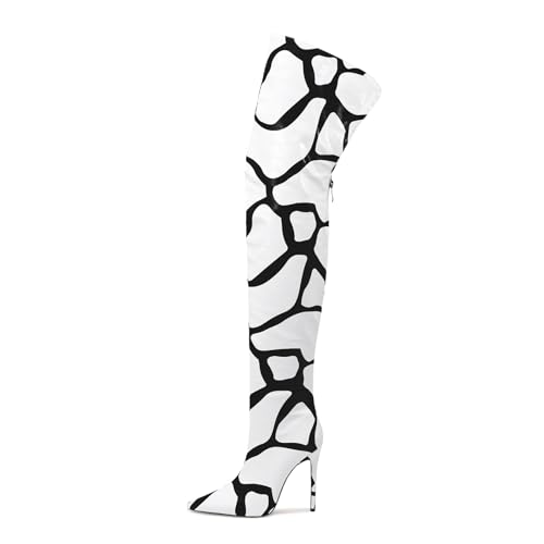 Image of Thigh high boots for women striped Back zipper Burgundy Zebra Print Over the knee Sexy gold white pointed toe Cow Print leopard Magenta stiletto heel
