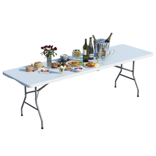 IWDOO Foldable Table 8ft, Plastic Folding Table, Portable Heavy Duty Dining Tables with Lock Function & Carrying Handle, Outdoor Indoor Foldable White Tables for Camping Party Picnic, White