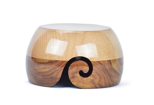 Image of Large Wooden Yarn Bowl | Handmade Knitting Wool Storage Bowl | Yarn Holder Dispenser with Holes to Prevent Slipping and Tangles for Knitting & Crocheting (Brown & Offwhite)
