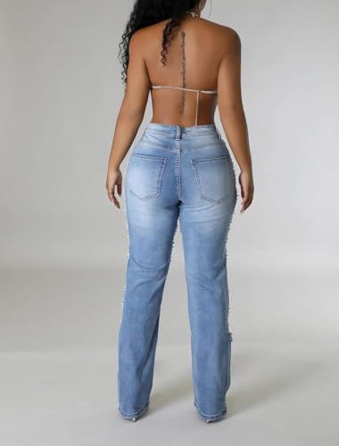 KELYWELL Womens Rhinestone Cut Out Jeans Straight Leg High Waisted Ripped Pearl Beaded Jeans Chain Boyfried Denim Pants3