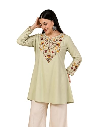 Image of QAZMI Women's Jasmine Kashimiri Aari Embroidered Viscose Rayon A-Line Flared Short Kurti