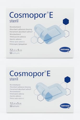New Cosmopor-E - Apósito adhesivo absorbente estéril, 7,2 x 5 cm, 2 paquetes de 50 unidades