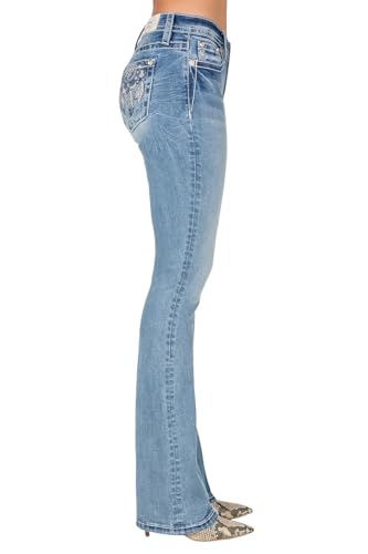 Miss Me Women's Mid-Rise Bootcut Jeans, Metallic Silver and Blue Dreamcatcher, Stretch Denim2