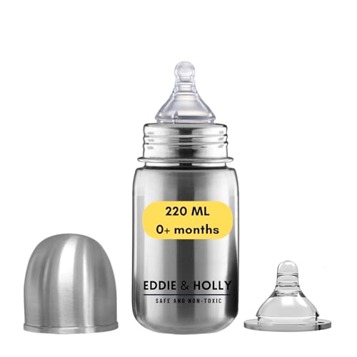 Eddie & Holly Steel Feeding Bottle | 220 ML | Wide Neck | Zero Plastic | Premium Stainless Steel | Milk Bottle for New Born Baby and 1+ Year Baby