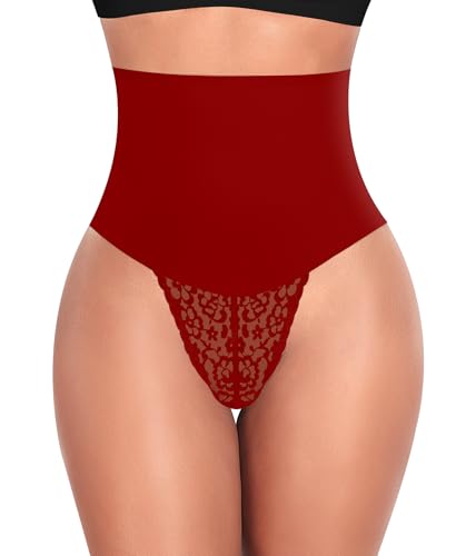 Image of Werena Tummy Control Thong Shapewear for Women Mid High Waisted Body Shaper Underwear Lace Shaping Thong Girdle Panties(#A1 Mid Rise Red,Small)