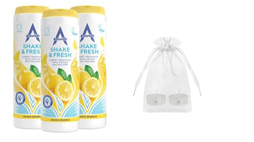 Astonish Shake n Fresh Carpet Freshener Powder - Astonish Shake n Fresh Carpet Deodoriser Multi-Pack with CHS Scented Candle Gift Set (Lemon Sparkle)