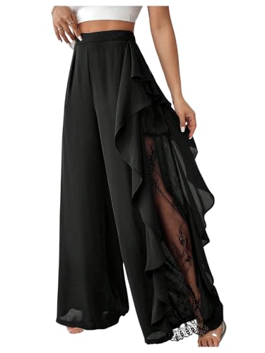 Verdusa Women's Lace Mesh Sheer Wide Leg Pants Ruffle High Waisted Dress Pants