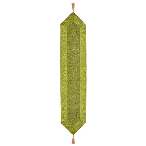 United Craft Art Silk Dining Table Runner, Aari Zari Style Silk Table Runner, Handmade Indian Banarasi Silk Table Clothes Matte Green Print Silk Table Cloth For Kitchen Decor, 14X72 Inch, Rhuca-132 #TOP1