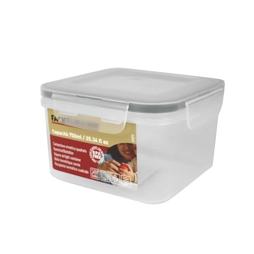 Fackelmann Contenitore Ermetico Quadrato 750ml - Contenitore Salva Spazio per Alimenti - Trasparente, Frigo, Freezer, Microonde, Lavastoviglie - Chiusura 4 Clip