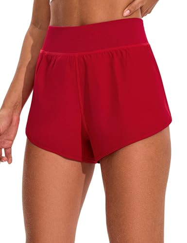 EZRUN Womens 3 Athletic Shorts High Waisted Split Dolphin Workout Shorts Comfy Mesh Liner for Gym Running Track (Deep Red S)