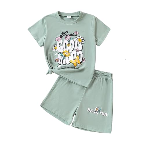 Image of KIDLAGA Toddler Kid Girl Outfits Clothes Floral Short Sleeve T-Shirt Top + Waist Pocketed Summer Short Sets 4-7T Girl Clothes