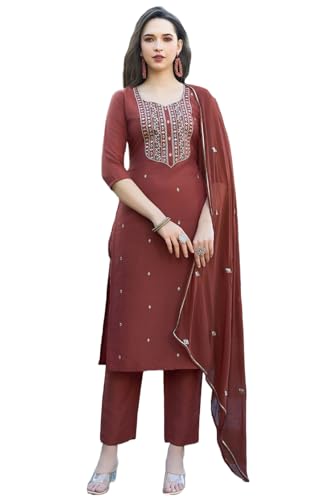 Image of GoSriKi Women's Cotton Blend Embroidered Kurta Set with Pant & Dupatta - Straight Calf‑Length, 3 /4 Sleeve, Round Neck - Elegant Ethnic Attire (5 Colors, S-5XL)