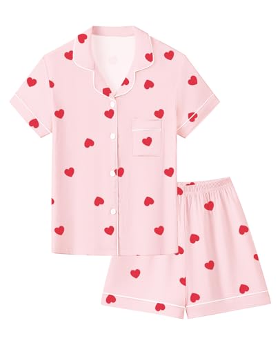 Schbbbta Girls Valentines Button Up Pajamas Set 2 Piece Bamboo Viscose Cotton Pjs Soft Sleepwear Pink Heart 9-10 Years
