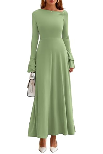 PRETTYGARDEN Womens Dresses Formal Off The Shoulder Long Sleeve Ruched Knit A-Line Maxi Wedding Guest Dress Fall Clothes(Sage Green,X-Large)