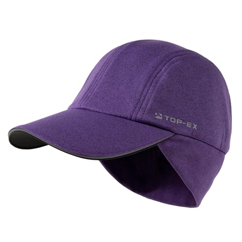 TOP-EX M/L/XL Water-Repellent Baseball Cap for Women with Ear Cover Running Beanie with Ponytail Hole Reflective Winter Hat Cold Weather Fleece Lined Hat Purple L/XL