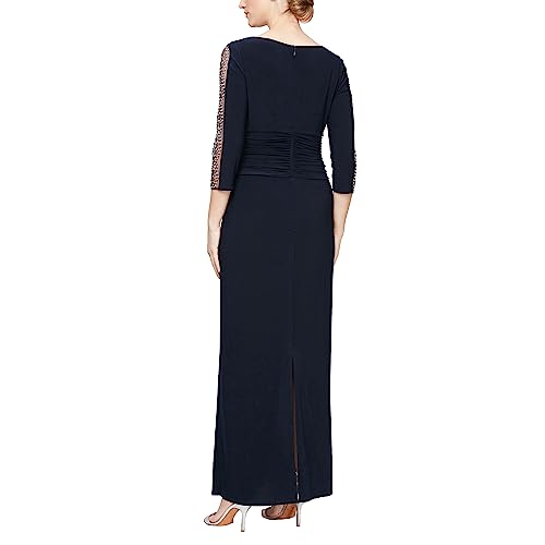 Image of S.L. Fashions Women's Long Length Ruched Waist Formal Evening Dress with Beaded Illusion Sleeves (Petite and Regular Sizes)