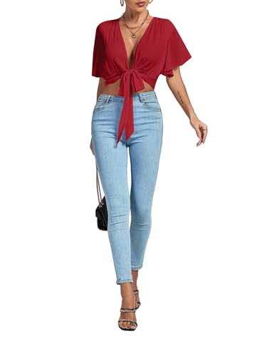 Image of LYANER Women's Sexy Deep V Neck Tie Front Wrap Cropped Blouse Bell Short Sleeve Ruffle Crop Tops
