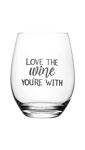 Lushy Wino – Love The Wine You're With – Cute, Novelty, Etched Stemless 16-Ounce Wine Glass with Funny Sayings in Gift Box