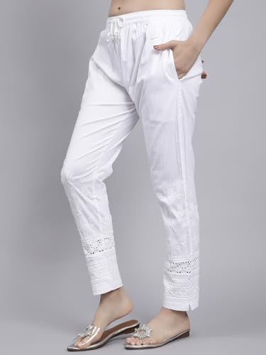 Image of Seva Chikan Hand Embroidered Lucknowi Chikankari White Lycra Trouser Palazzo Pant for Women SCL11029
