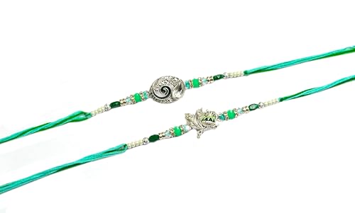 Image of CraftVatika Silver Plated Rakhi Set of 2 for Brother Boy Men, Designer Ganesha Radhe Krishna Rakhi for Brother, Premium Thread for Rakshabandhan Festival with Best Wishes Card and Tillak Set for Him