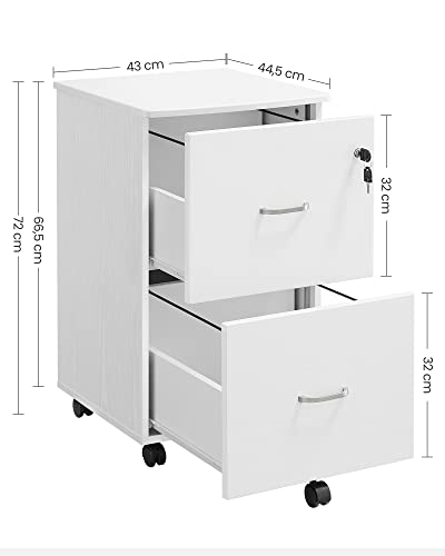 VASAGLE Doppel-Schubladenschrank mit 2-Schubladen, abschließbarer Aktenschrank, mobiler Sockel mit verstellbaren Hängeschienen, weiß LCD027W46