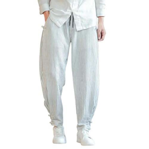 Pantalon rayé homme en coton lin avec bouton grenouille traditionnel
