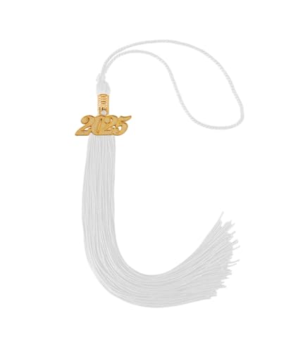 Image of Graduation Single Color Tassel with Date Drop 2025(White Tassel,Gold Charm)