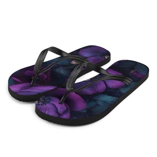 Gothic Purple Floral Flip-Flops, Dark Aesthetic Sandals, Vintage Grunge Flower Print Beach Shoes, Casual Summer Slides2