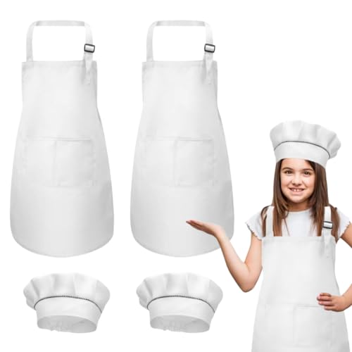 DECARETA Kids Apron and Chef Hat Set,2 Kids Chefs Apron with Pockets and 2 White Kids Chef Hat,Polyester Adjustable Children Chef Apron,Hat Cooking,Baking Painting Wear for Boys and Girls (4-12year)