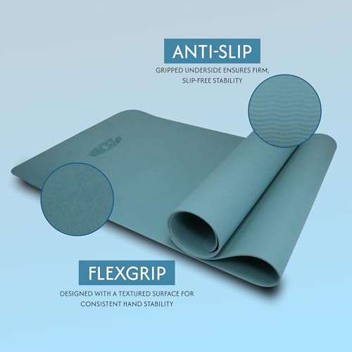 Image of Whackk TPE Laser Engraved Position Marking Yoga Mat|Pink & Purple Dual Colour|6 mm TPE Non-Slip Mat with Carry Strap|Lightweight & Eco-Friendly Non Toxic I Exercise and Fitness (Fog Blue, 4mm)