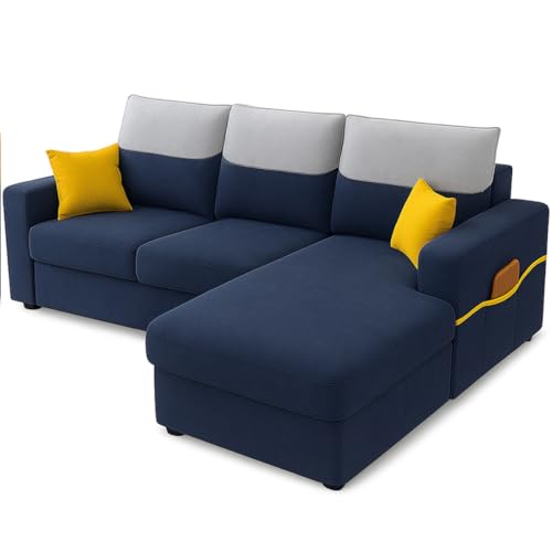 Image of Furny Tokiaa 4 Seater Fabric RHS L Shape Sofa Set (Blue) | Soft Velvet Fabric | Modern Design | Comfortable Seating | Living Room Furniture