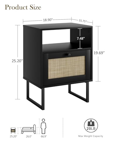 Image of Masupu Rattan Nightstand,Boho Night Stand Modern Farmhouse Wood Bedside Table with Storage Drawer and Open Shelf,Side End Table for Bedroom,Living Room,Office Black