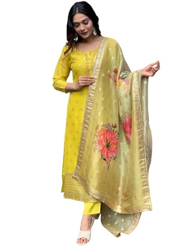 Image of Naixa Women's Viscose Organza Jacquard Embroidered Straight Kurta with Pant and Dupatta Sets (S-Kritika)