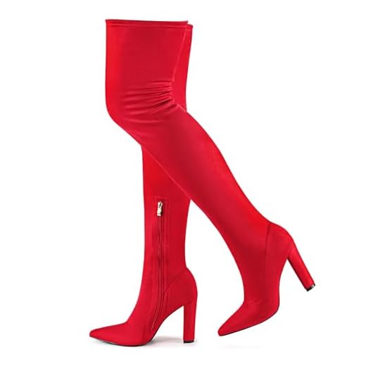 Botas femininas de inverno acima do joelho, salto grosso, botas de cano alto, botas longas com zíper lateral, Camurça sintética vermelha, 10