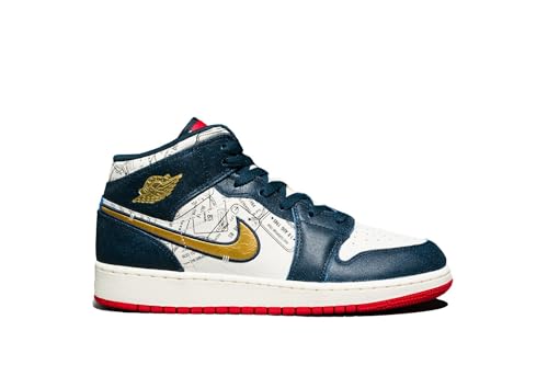 NIKE Air Jordan 1 Mid SE Big Kids Shoes (FN1353-400 Armory Navy/Pale Ivory/Sport RED/Metallic Gold) Size 6
