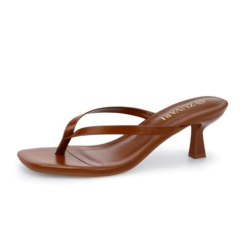 ZUVARI Kitten Heels for Women Square Toe Flip Flop Kitten Heel Sandals 2.16 Inch Thong Heels Slip-On Dressy Summer Heeled Sandals