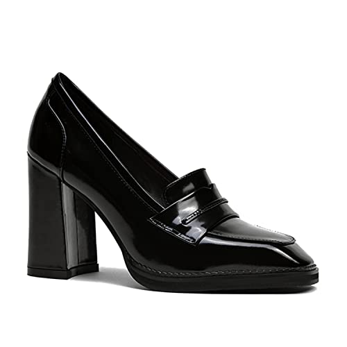 Image of FOWT Dressy High Block Heels Loafers for Women Classical Square Toe Pumps Comfortable Slip On Walking Shoes School Uniform Goth Oxfords US Size 4-16 M