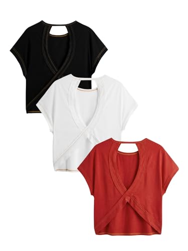 Image of RoseSeek Women's 3 Packs Open Back Tops T Shirt Criss Cross Cut Out Tee Short Sleeve Crewneck Summer Backless Tops