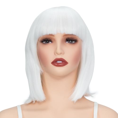Image of Rose bud White Wig Bob Straight 12 Inch Short Hair Cosplay Wigs for Women Costume Party Halloween