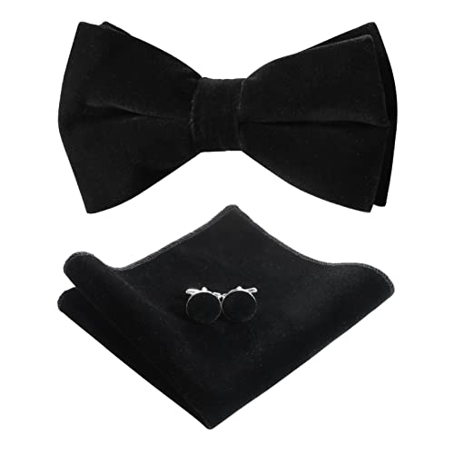 PACGOTH Vlinderdassen Voor Mannen Pre-Tie Strikbanden Vintage Tuxedo Fluwelen Strikjes Manchetknopen Pocket Vierkante Sets Met Geschenkdoos, Zwart, M