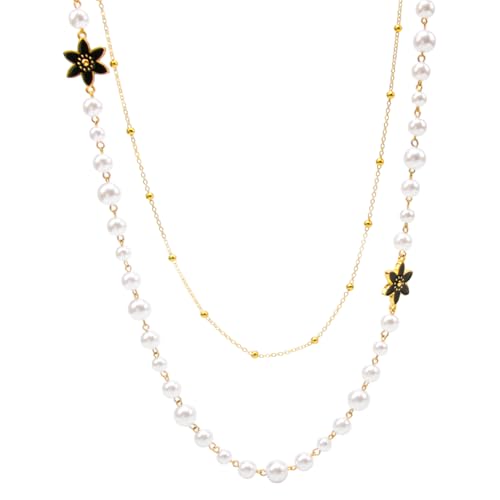 Collier Long de Perles D'imitation Femme, Sautoir Long Doppellagige Design, Fantaisie Avec Perles Blanches D’imitation Et Motif Floral Pull Robe Tenue Quotidienne,...