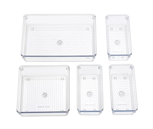 Image of UCRAVO 5Pcs Clear Plastic Drawer Organizers Set, Clear Drawer Organizers & Storage Bins for Makeup /Jewelry Vanity, Kitchen Or Office Desk. Bathroom