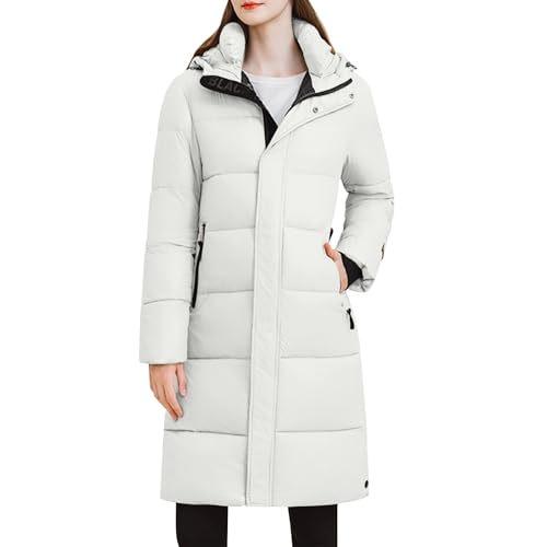 Quiltad kappa dam vinter lång dunrock varm vinterrock vindtät pufferrock vinterjacka långärmad utomhuskappa varm lös buffertkappa vinterparkas tjock parkas rockar med huva, Vit, XL