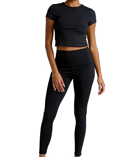 Two Piece Workout Set for Women High Waist Leggings and Short Sleeve Athletic Tops Matching Pilates Gym Sets Yoga Outfits