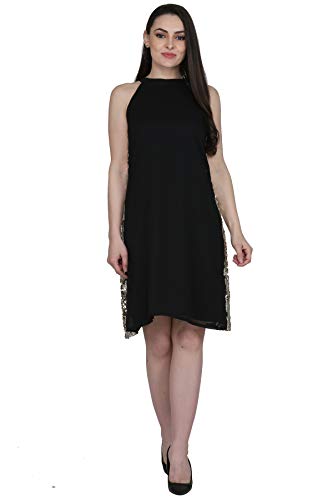 Image of LATIVE Fashion Stylish one Piece Dress for Women & Girls Sequin Georgette Mini Shift | Stitched Fancy Dress for Girls Farewell | Classy Dress for Ladies - Black