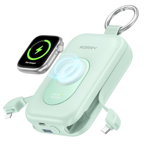 Image of RORRY CharmGo Portable Charger, 20000mAh PD 30W Portable Charger Power Bank with 2 Built-in Cables, Fast Charging Battery Pack with Keychain, Travel Essentials for iPhone, Apple Watch, iPad, Green