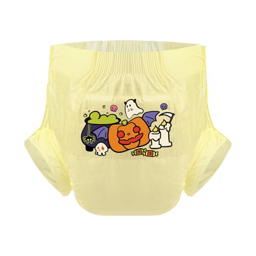 CutiePlusU Pañales para adultos 3 unidades, superficie seca, máxima absorción durante la noche, pañales desechables para incontinencia – Halloween calabaza amarilla (M 71-96 cm)